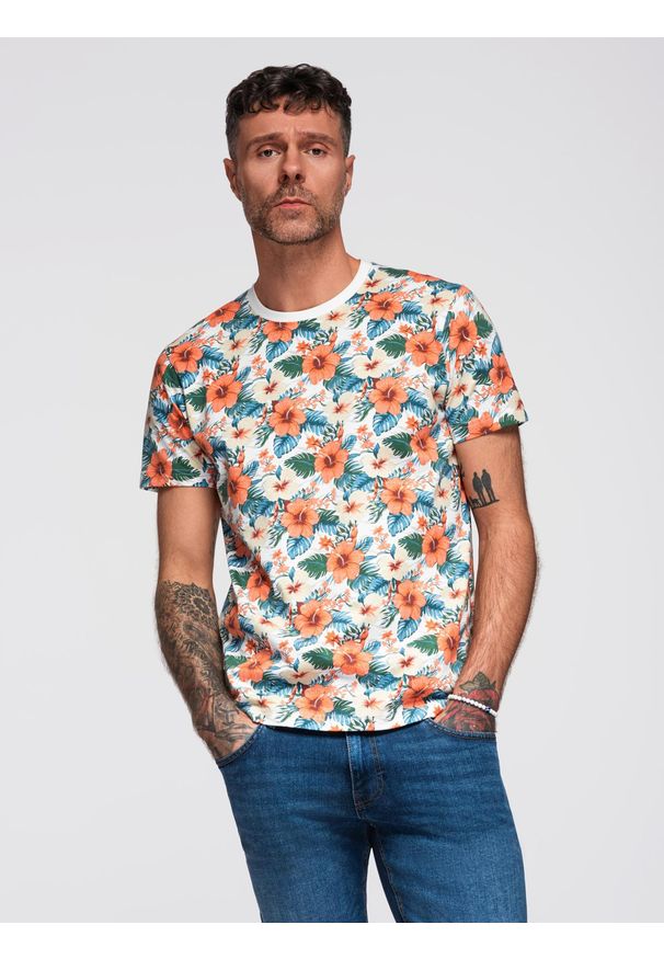 Ombre Clothing - T-shirt męski bawełniany w kwiatowy wzór full print – biały V1 - Rozmiar: XL. Okazja: na co dzień, na spacer. Kolor: biały. Materiał: bawełna. Długość rękawa: krótki rękaw. Długość: krótkie. Wzór: nadruk, kwiaty. Sezon: lato. Styl: wakacyjny, casual, elegancki