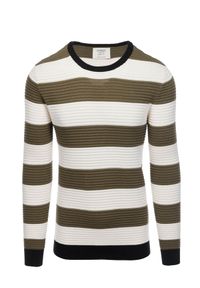 Ombre Clothing - Sweter męski w paski - oliwkowy V4 E189 - XXL. Kolor: oliwkowy. Materiał: bawełna, dzianina. Wzór: paski. Styl: klasyczny #6