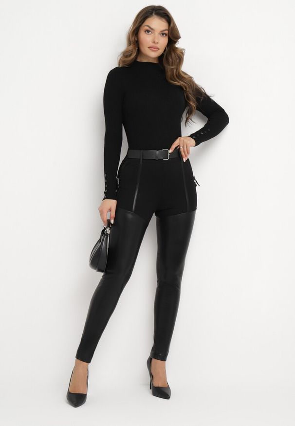 Born2be - Czarne Spodnie Skinny z Ekoskóry i Paskiem Elenntisa. Kolor: czarny. Materiał: dzianina, tkanina