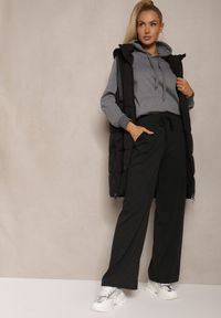 Renee - Czarne Spodnie Dzianinowe o Szerokim Kroju High Waist z Gumką w Pasie i Sznurkiem Creitta. Okazja: na co dzień. Stan: podwyższony. Kolor: czarny. Materiał: dzianina. Styl: casual