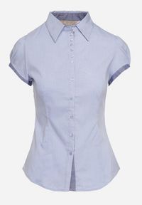 Born2be - Niebieska Klasyczna Koszula z Krótkim Rękawem i Bawełną Ozdobiona Lamówką Jemvia. Okazja: na co dzień, do pracy, na spotkanie biznesowe. Kolor: niebieski. Materiał: bawełna. Długość rękawa: krótki rękaw. Długość: krótkie. Wzór: aplikacja. Styl: klasyczny #5