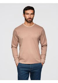Ombre Clothing - Longsleeve bawełniany męski z dekoltem U w paski i haftem – brązowy V6 - Rozmiar: M. Kolor: brązowy. Materiał: bawełna. Długość rękawa: długi rękaw. Wzór: haft, paski. Styl: sportowy #1