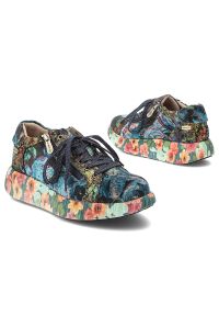Sneakersy damskie Laura Vita, skórzane na platformie z wzorkami z okrągłym noskiem sznurowane i na suwak, indigo, Nikito-04-SO26803-4K. Okazja: na co dzień. Nosek buta: okrągły. Zapięcie: sznurówki. Materiał: skóra. Szerokość cholewki: normalna. Wzór: aplikacja, kwiaty. Obcas: na platformie. Styl: casual #7