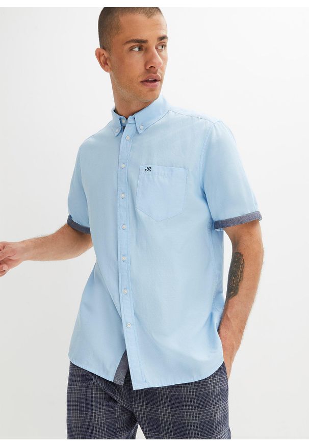 bonprix - Koszula oksford z krótkim rękawem, z czystej bawełny. Kolor: niebieski. Materiał: bawełna. Długość rękawa: krótki rękaw. Długość: krótkie. Styl: elegancki
