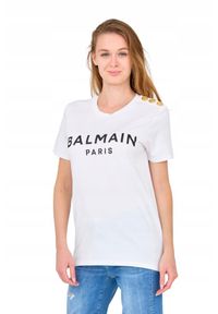 Balmain - BALMAIN Biały damski t-shirt z guzikami. Kolor: biały. Materiał: bawełna