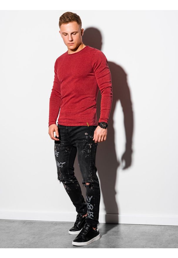 Ombre Clothing - Sweter męski bawełniany E180 - czerwony - XXL. Kolor: czerwony. Materiał: bawełna. Styl: klasyczny