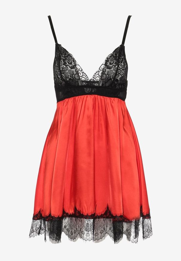 Renee - Czarno-Czerwona Koszula Nocna na Ramiączkach z Wstawkami z Koronki Amarylia. Kolor: czarny. Materiał: koronka. Wzór: koronka