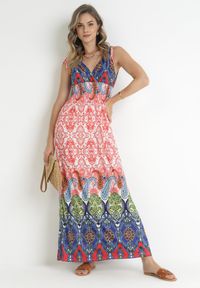 Born2be - Czerwono-Granatowa Sukienka z Szeroką Gumką w Talii w Etno Wzór Caroli. Kolor: czerwony. Styl: etno #1