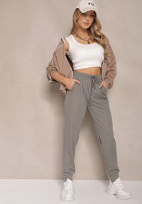 Renee - Szare Spodnie Dresowe z Wiskozą High Waist Ozdobione Sznurkiem Ellivenna. Okazja: na co dzień. Stan: podwyższony. Kolor: szary. Materiał: dresówka, wiskoza. Wzór: aplikacja. Styl: sportowy, casual
