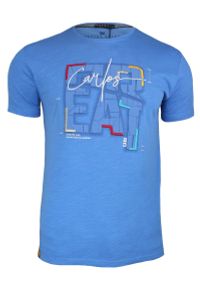 Adriano Guinari - Niebieska Męska Koszulka (T-shirt ) z Nadrukiem, Krótki Rękaw, Błękitna. Kolor: niebieski. Materiał: bawełna, elastan. Długość rękawa: krótki rękaw. Długość: krótkie. Wzór: nadruk, napisy #1