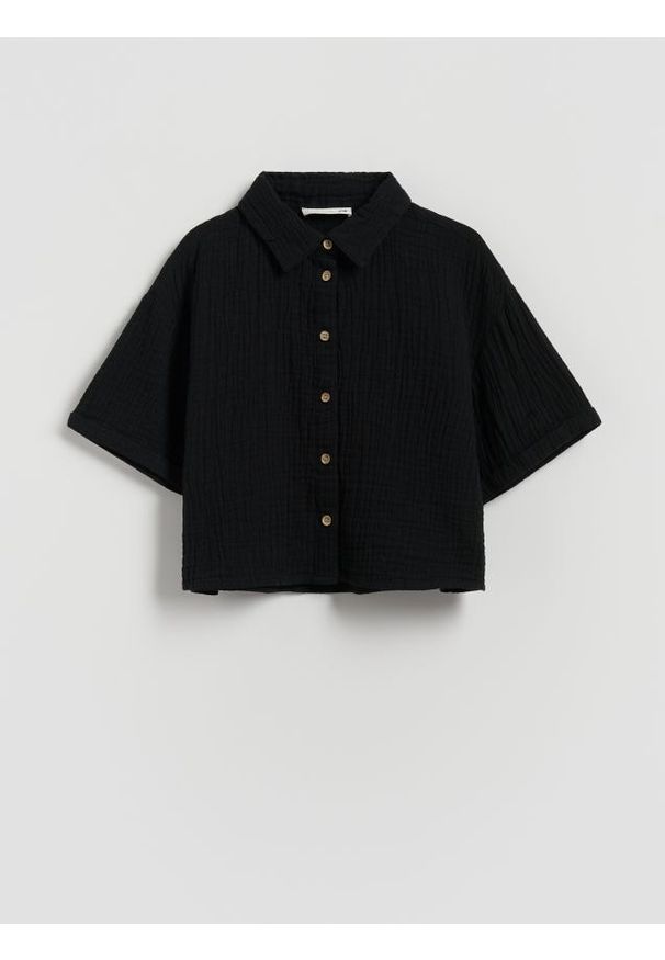 Reserved - Muślinowa koszula - czarny. Kolor: czarny. Materiał: bawełna. Długość: krótkie