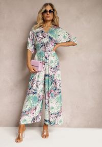 Renee - Zielono-Biały Wiskozowy Kombinezon w Stylu Boho z Gumkami w Pasie i Wiązaniem Sunilla. Kolor: zielony. Materiał: wiskoza. Sezon: lato. Styl: boho #1