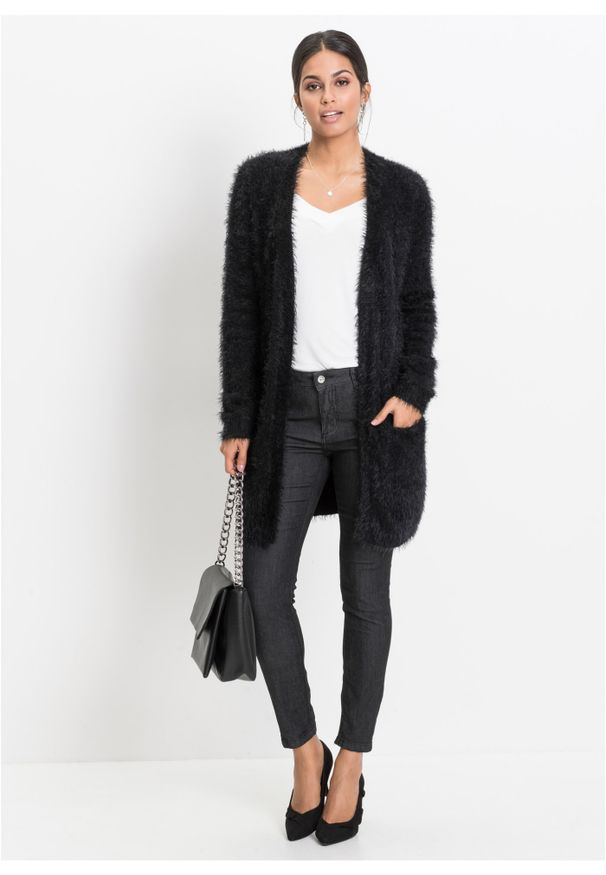 bonprix - Sweter bez zapięcia z dzianiny z długim włosem. Kolor: czarny. Materiał: dzianina. Długość rękawa: długi rękaw. Długość: długie