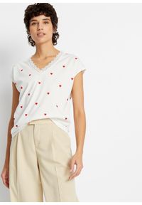 bonprix - T-shirt z czystej bawełny. Typ kołnierza: dekolt w serek. Kolor: biały. Materiał: bawełna. Wzór: nadruk #1