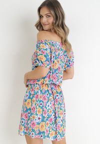 Born2be - Niebieska Sukienka Hiszpanka z Gumką w Pasie Cedrinth. Typ kołnierza: dekolt hiszpanka. Kolor: niebieski. Materiał: tkanina, wiskoza. Długość rękawa: krótki rękaw. Wzór: nadruk, kwiaty #2