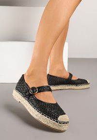 Renee - Czarne Espadryle z Plecionki z Ozdobnym Noskiem Sprzączką i Wkładką ze Skóry Eranwena. Okazja: na co dzień. Zapięcie: sprzączka. Kolor: czarny. Materiał: skóra. Wzór: aplikacja. Sezon: lato. Styl: elegancki, casual #6