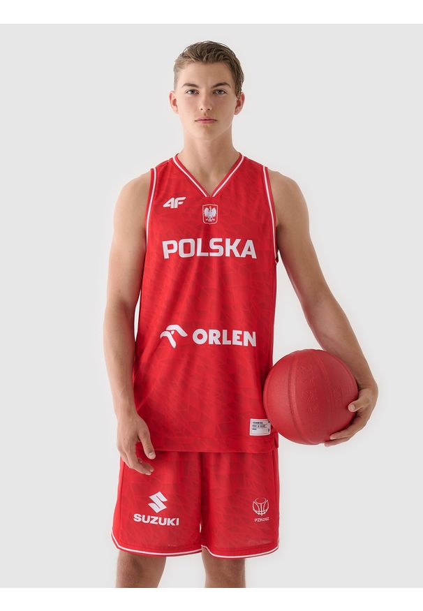 4f - 4F Koszulka reprezentacyjna męska 4F x PZKOSZ 2024 - czerwona L. Typ kołnierza: dekolt w serek. Kolor: wielokolorowy. Materiał: dzianina, włókno, materiał, syntetyk. Długość rękawa: na ramiączkach. Wzór: gładki, nadruk, ze splotem. Sport: koszykówka, fitness