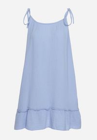 Born2be - Niebieska Rozkloszowana Muślinowa Sukienka z Bawełny na Wiązanych Ramiączkach Wirvia. Okazja: na spacer. Typ kołnierza: dekolt w kształcie V. Kolor: niebieski. Wzór: aplikacja. Typ sukienki: rozkloszowane. Materiał: bawełna. Długość rękawa: na ramiączkach. Sezon: lato. Styl: elegancki #6