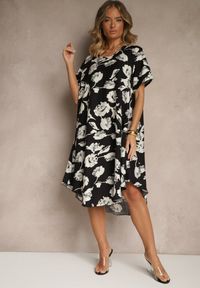 Renee - Czarna Sukienka Pudełkowa z Wiskozy w Kwiaty Aranolia. Okazja: na co dzień. Typ kołnierza: dekolt w serek. Kolor: czarny. Materiał: wiskoza. Wzór: kwiaty. Typ sukienki: proste. Styl: elegancki, casual #3