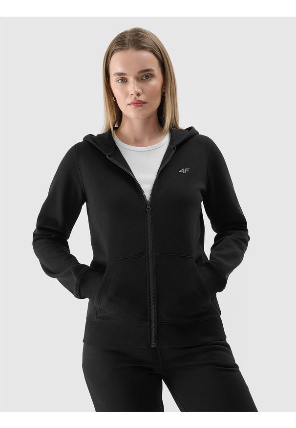 4f - 4F Bluza dresowa rozpinana z kapturem damska - czarna S. Okazja: na co dzień. Typ kołnierza: kaptur. Kolor: czarny. Materiał: dresówka. Wzór: gładki, ze splotem. Styl: casual, sportowy