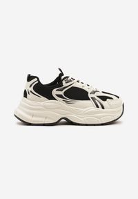 Renee - Beżowo-Czarne Sneakersy Vices na Platformie Ozdobione Tłoczeniem Natiselle. Okazja: na co dzień. Kolor: beżowy. Materiał: jeans. Wzór: aplikacja. Obcas: na platformie