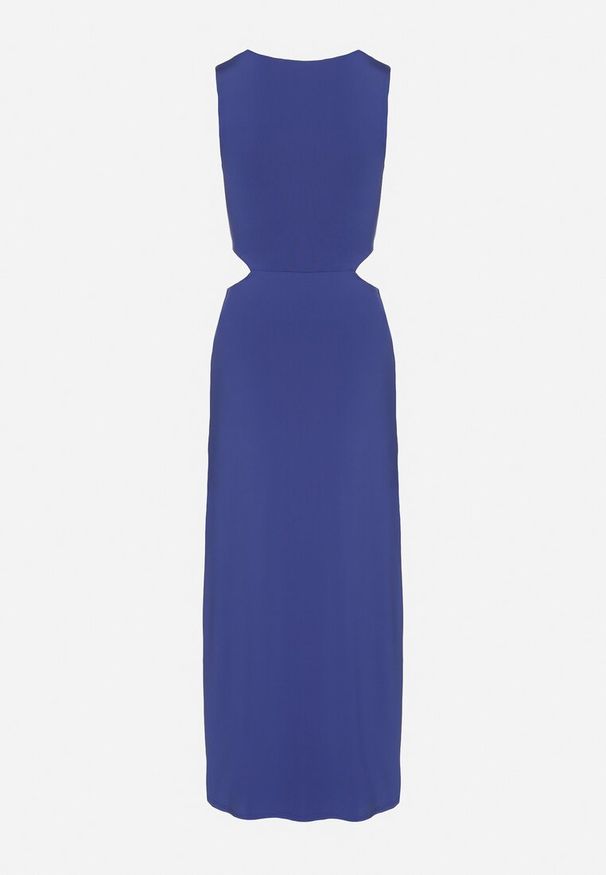 Born2be - Niebieska Sukienka z Wiskozą Ozdobiona Wycięciami i Metalową Aplikacją Odivaria. Kolor: niebieski. Materiał: wiskoza. Wzór: aplikacja. Styl: klasyczny