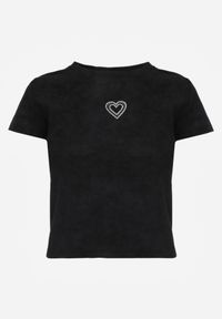 Renee - Czarny T-shirt z Bawełny Ozdobiony Sercem z Cyrkonii Amythera. Okazja: na co dzień. Kolor: czarny. Materiał: bawełna. Wzór: aplikacja. Styl: elegancki, casual, sportowy #7