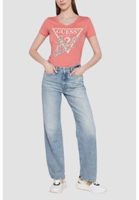 Guess - GUESS Różowy damski t-shirt Pearls Love, Rozmiar L. Kolor: różowy #1