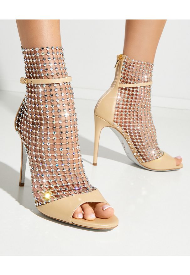 RENE CAOVILLA - Beżowe sandały z kryształami Galaxia. Nosek buta: okrągły. Zapięcie: pasek. Kolor: złoty. Obcas: na obcasie. Wysokość obcasa: średni