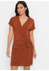 bonprix - Sukienka z założeniem kopertowym. Kolor: brązowy. Długość rękawa: krótki rękaw. Typ sukienki: kopertowe #1