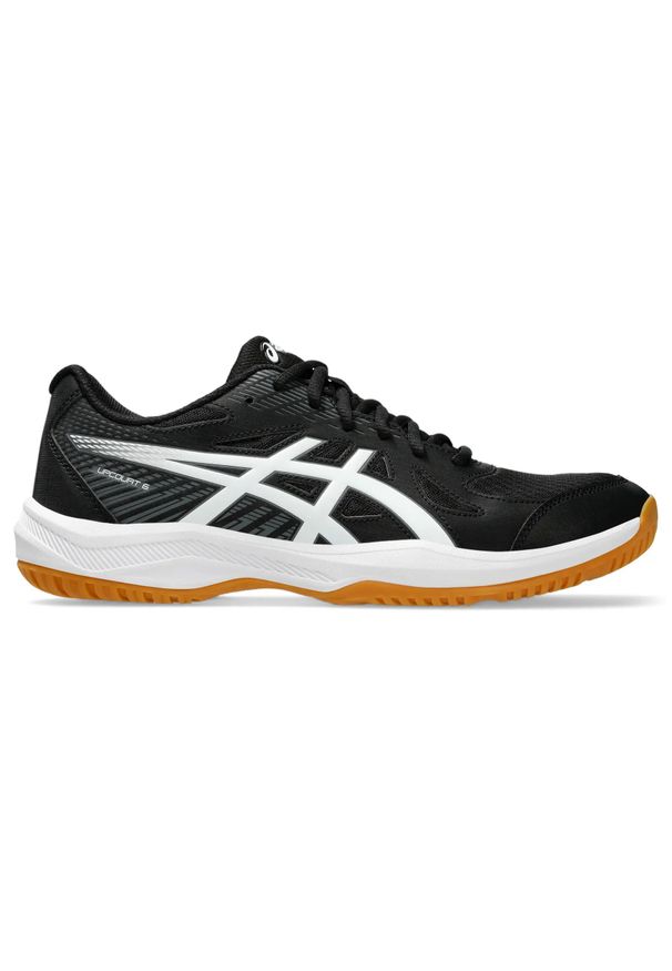 Buty do tenisa Asics Upcourt 6. Kolor: czarny, biały, wielokolorowy. Materiał: syntetyk, materiał. Szerokość cholewki: normalna. Sport: siatkówka, piłka ręczna, tenis