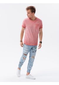 Ombre Clothing - T-shirt męski z kieszonką - koralowy melanż V4 S1388 - XL. Kolor: pomarańczowy. Materiał: jeans, bawełna. Wzór: melanż #2