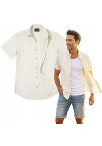 Lniano-Bawełniana Koszula Męska - Pako Jeans - Kolor Kości Słoniowej. Okazja: na co dzień. Typ kołnierza: button down. Kolor: beżowy, wielokolorowy, brązowy. Materiał: bawełna, len. Styl: casual #4