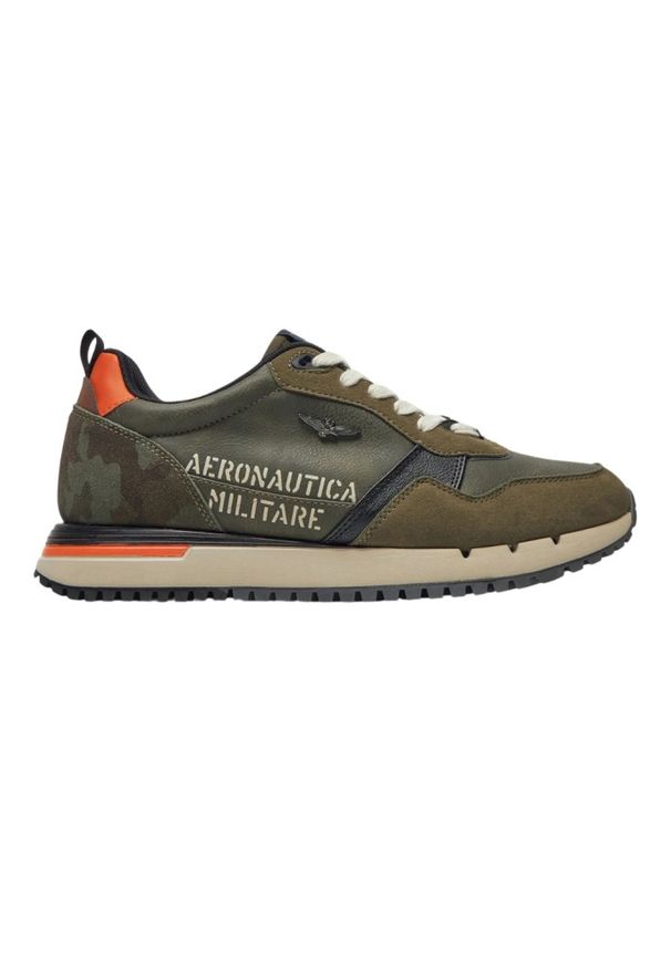 Aeronautica Militare - AERONAUTICA MILITARE Zielone męskie sneakersy Eco-leather AM, Rozmiar 45. Okazja: na co dzień. Kolor: zielony. Materiał: skóra, zamsz. Szerokość cholewki: normalna. Wzór: nadruk