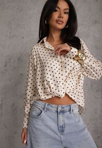 Renee - Beżowa Koszula w Groszki z Wiskozy Zdobiona Węzłem Aetherissa. Okazja: na co dzień. Kolor: beżowy. Materiał: wiskoza. Długość: długie. Wzór: aplikacja, grochy. Styl: casual #5