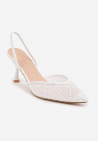 Renee - Białe Szpilki z Paskiem w Typie Slingback z Cholewką z Siateczki i Koralikami Carilriane. Zapięcie: pasek. Kolor: biały. Materiał: satyna. Szerokość cholewki: normalna. Wzór: aplikacja. Obcas: na szpilce. Styl: elegancki, glamour, wizytowy #2