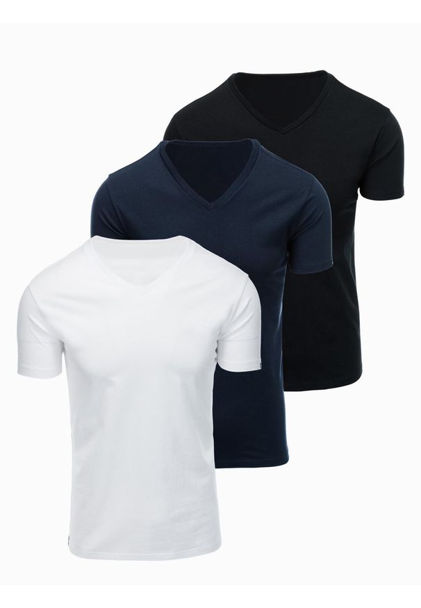 Ombre Clothing - Zestaw męskich t-shirtów bawełnianych V-neck BASIC – czarny/biały/granatowy V1 - Rozmiar: XXL. Okazja: na co dzień, do pracy. Typ kołnierza: dekolt w serek. Kolor: biały. Materiał: bawełna. Długość: długie. Wzór: jednolity, gładki. Styl: casual
