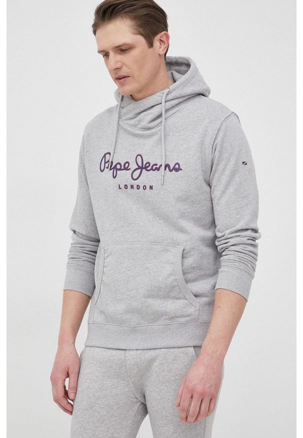 Pepe Jeans bluza bawełniana GEORGE HOODY męska kolor szary z kapturem z nadrukiem. Typ kołnierza: kaptur. Kolor: szary. Materiał: bawełna. Wzór: nadruk