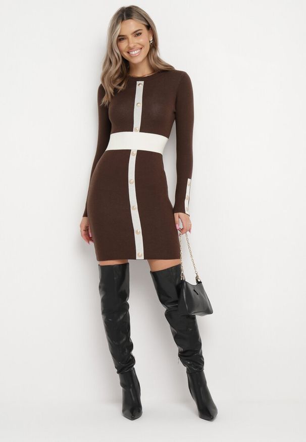 Born2be - Brązowa Sweterkowa Sukienka Mini Liena. Kolor: brązowy. Materiał: tkanina, dzianina. Wzór: aplikacja. Długość: mini