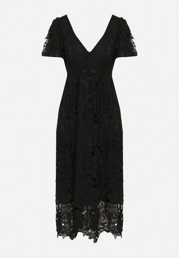 Born2be - Czarna Sukienka Koronkowa z Krótkim Bufiastym Rękawem Ulessa. Okazja: na imprezę. Kolor: czarny. Materiał: koronka