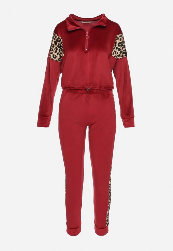 Born2be - Bordowy Welurowy Komplet Dresowy Krótka Bluza i Spodnie z Wstawkami w Cętki Kilima. Kolor: czerwony. Materiał: welur, dresówka. Wzór: aplikacja