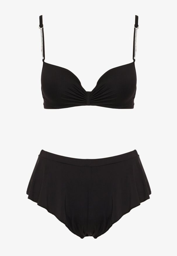 Born2be - Czarne Bikini Góra z Regulowanymi Ramiączkami Ozdobionymi Cyrkoniami z Elastycznym Dołem w Zestawie Spodenki Kąpielowe z Gumką w Pasie Quilalia. Kolor: czarny. Wzór: aplikacja