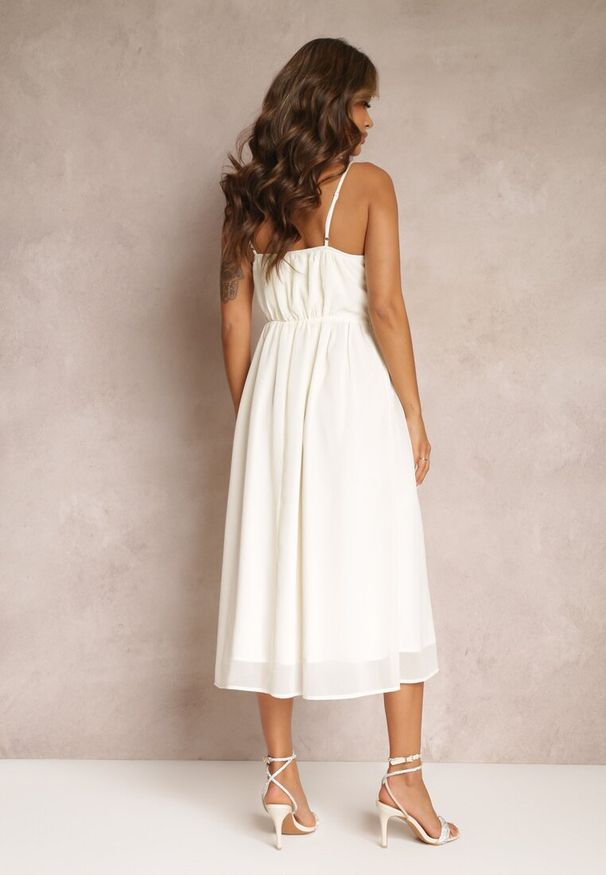 Renee - Beżowa Sukienka o Rozkloszowanym Kroju na Ramiączkach z Wiązaniem Lunarea. Kolor: beżowy. Długość rękawa: na ramiączkach. Typ sukienki: rozkloszowane