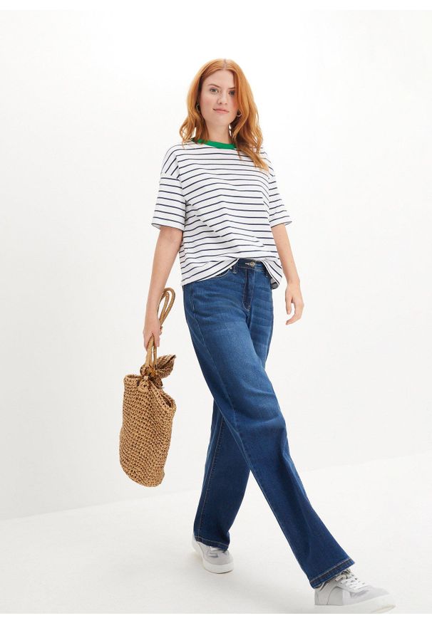 bonprix - T-shirt z czystej bawełny organicznej. Typ kołnierza: kołnierzyk kontrastowy. Kolor: biały. Materiał: bawełna. Wzór: paski