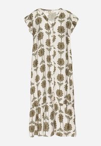 Born2be - Biało-Zielona Kwiatowa Sukienka z Bawełną i Falbanką Efanelia. Okazja: na spacer, na imprezę. Typ kołnierza: dekolt w serek. Kolor: beżowy. Materiał: bawełna. Wzór: kwiaty. Sezon: wiosna, lato. Typ sukienki: proste. Styl: elegancki #6