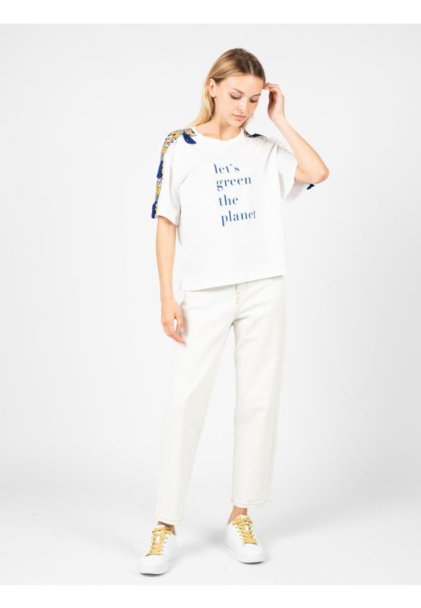 Pinko T-shirt "Granadilla" | 1E100A Y5WQ | Granadilla | Kobieta | Biały. Okazja: na co dzień. Kolor: biały. Materiał: bawełna. Wzór: nadruk, aplikacja, kolorowy. Styl: casual
