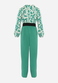 Born2be - Zielono-Biały Kombinezon z Paskiem Góra w Print i Trójkątny Dekolt Hamiora. Kolor: zielony. Wzór: nadruk #4