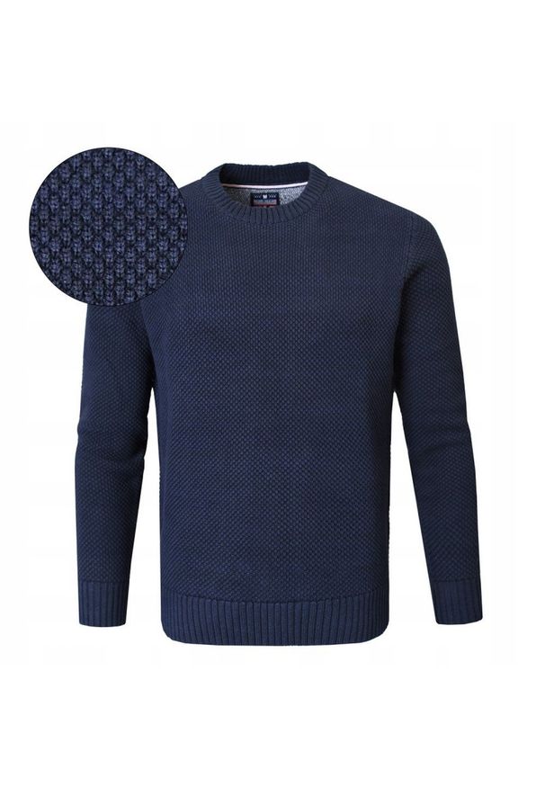 Bawełniany Sweter Męski z Drobnym Splotem - Pako Jeans - Granatowy. Kolor: niebieski. Materiał: bawełna. Wzór: ze splotem. Sezon: jesień, wiosna, zima. Styl: elegancki, klasyczny