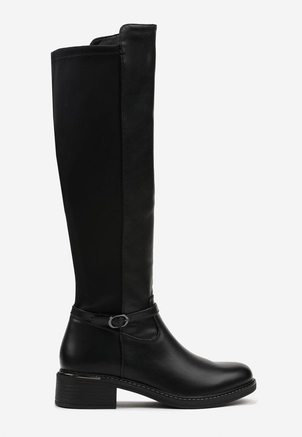 Born2be - Czarne Kozaki w Stylu Oficerek Ozdobione Klamrą Eselia. Okazja: na co dzień. Zapięcie: klamry. Kolor: czarny. Materiał: jeans. Wzór: aplikacja. Styl: casual, elegancki