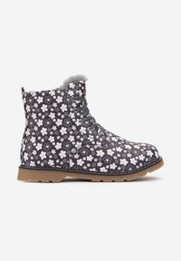 Born2be - Granatowe Botki Workery w Kwiatki Mocno Ocieplone Badilles. Zapięcie: zamek. Kolor: niebieski. Wzór: kwiaty. Sezon: zima